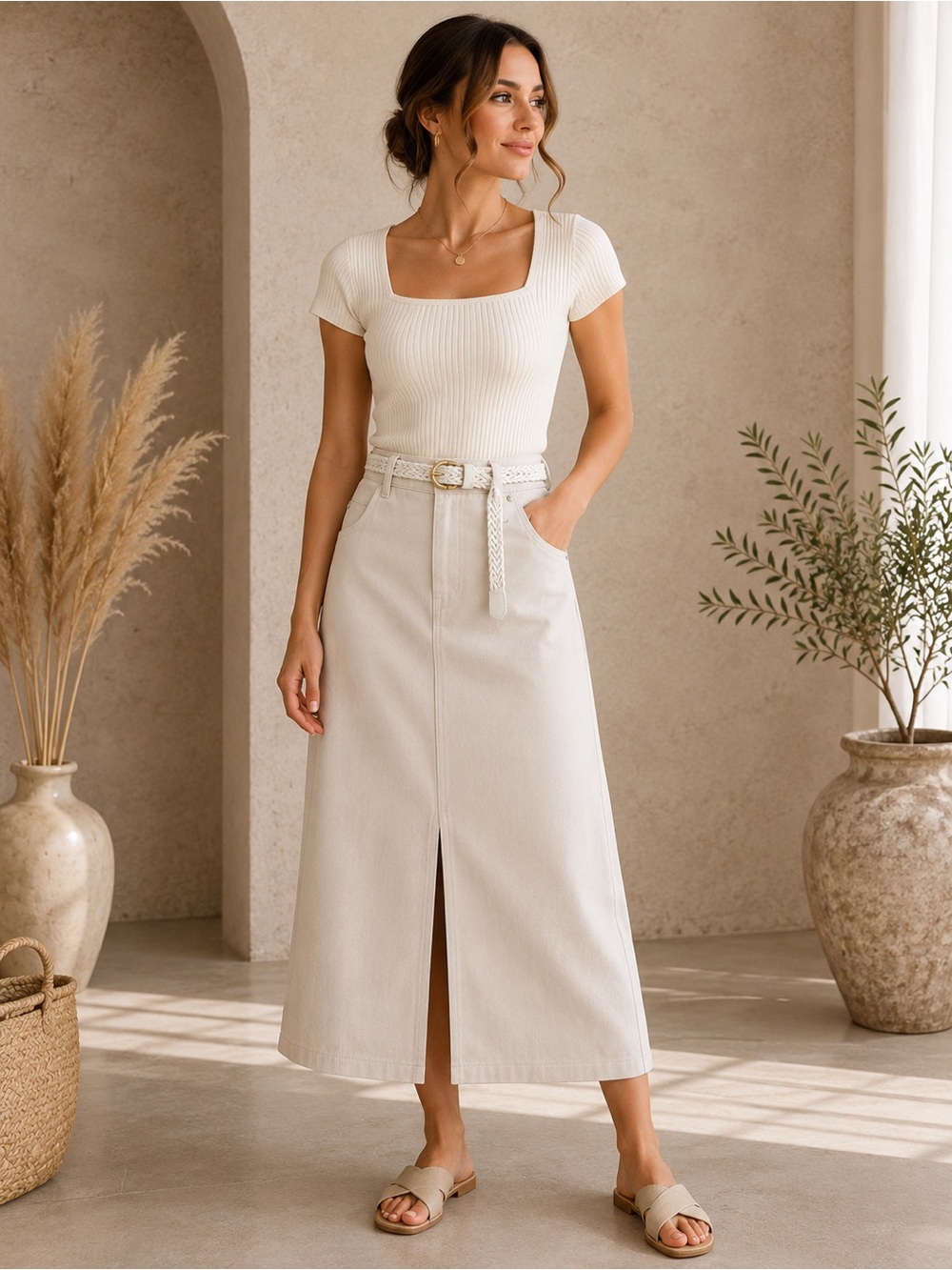 Cream A-Line Midi Skirt with High Waist